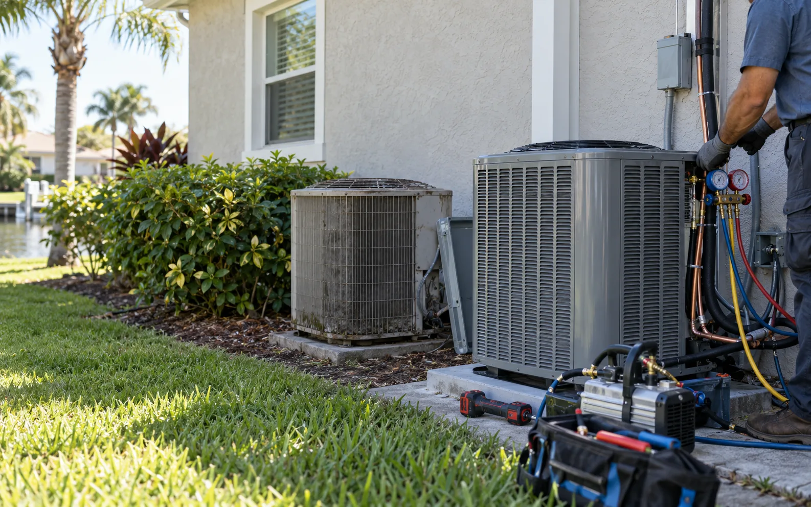 A technician connects gauges to a new outdoor AC condenser beside the removed older unit at a Florida home.