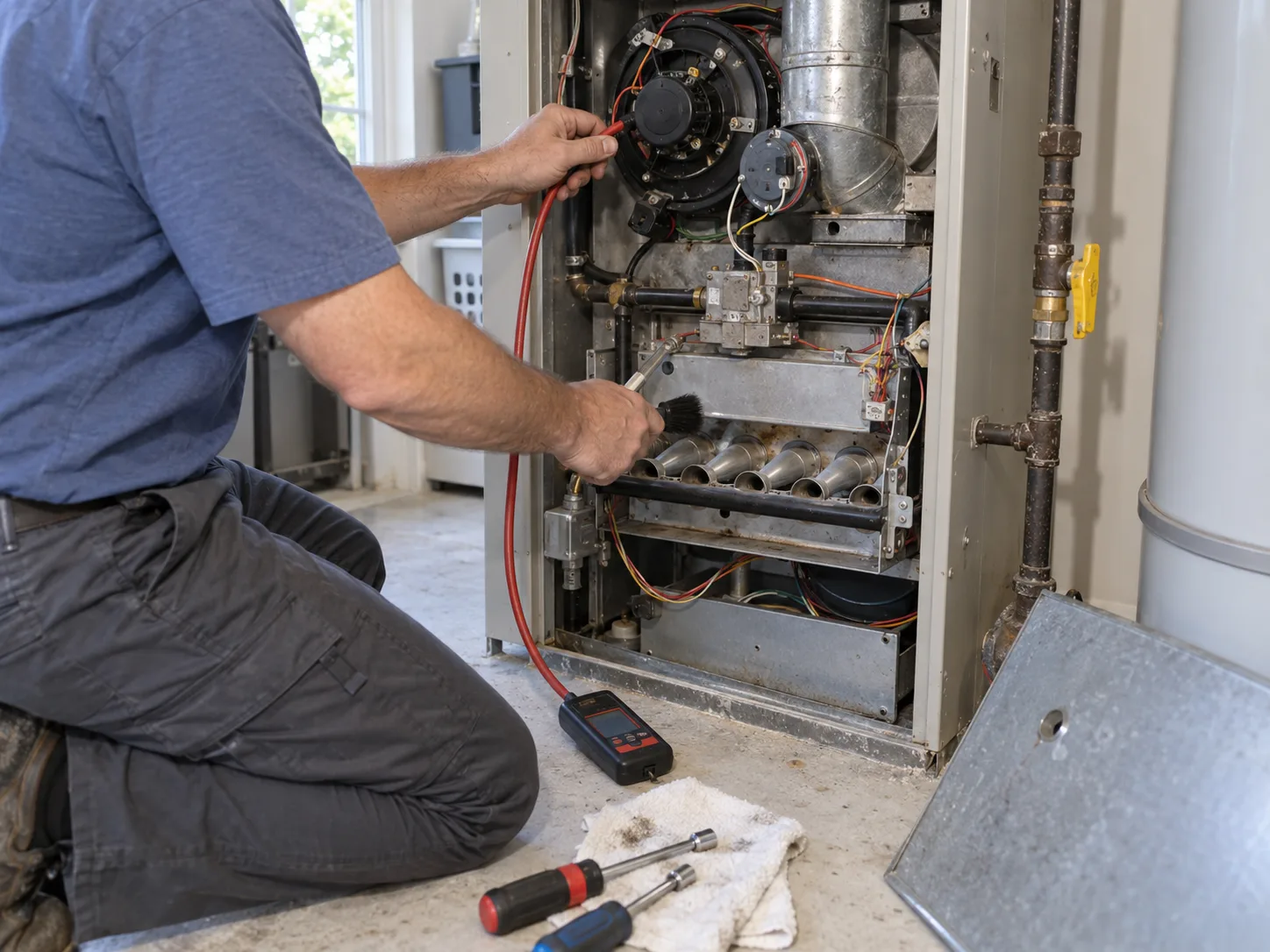 A technician inspects and cleans components inside an open gas furnace.