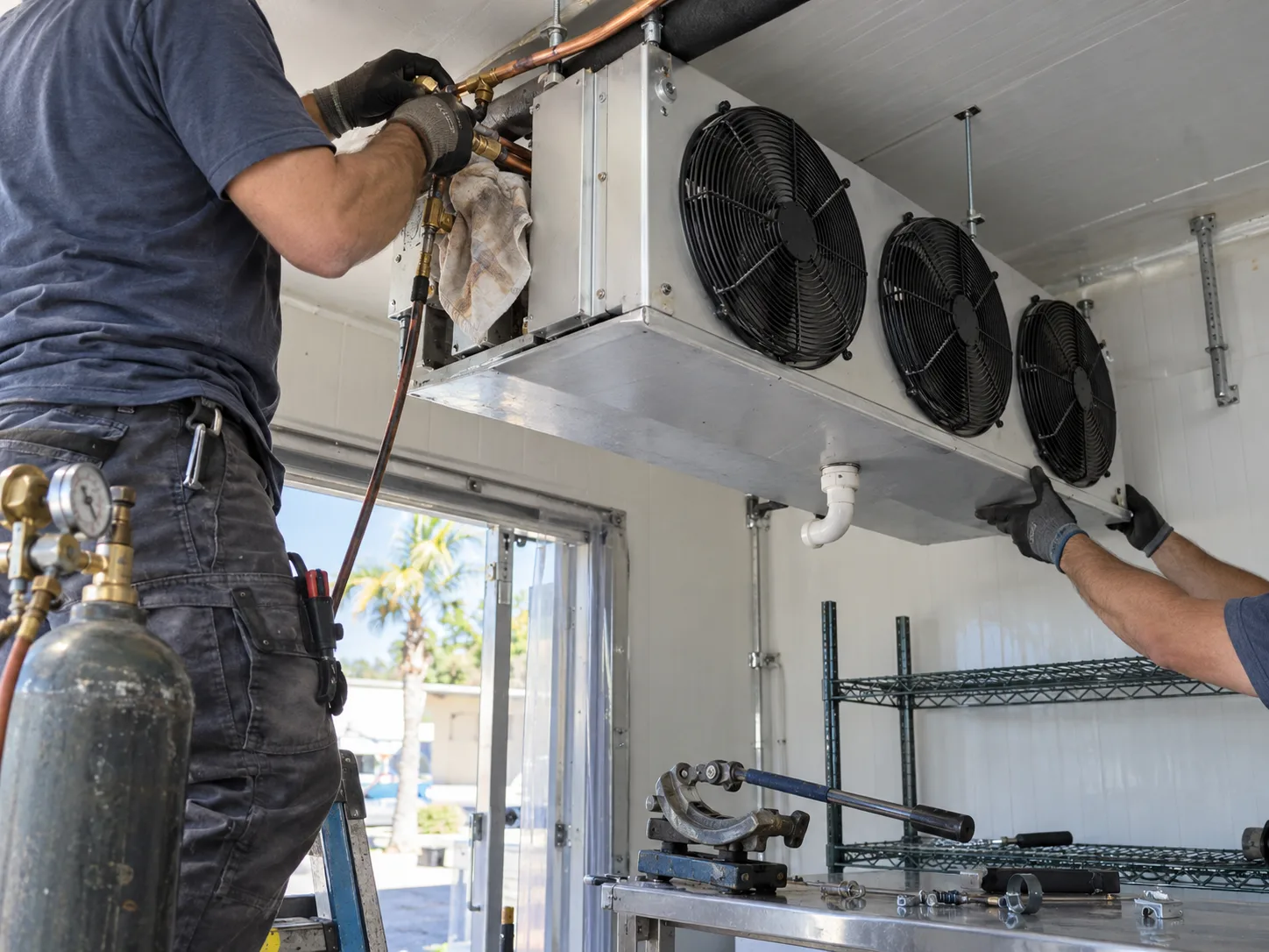 Two technicians connect piping while installing a ceiling evaporator inside a walk-in cooler.