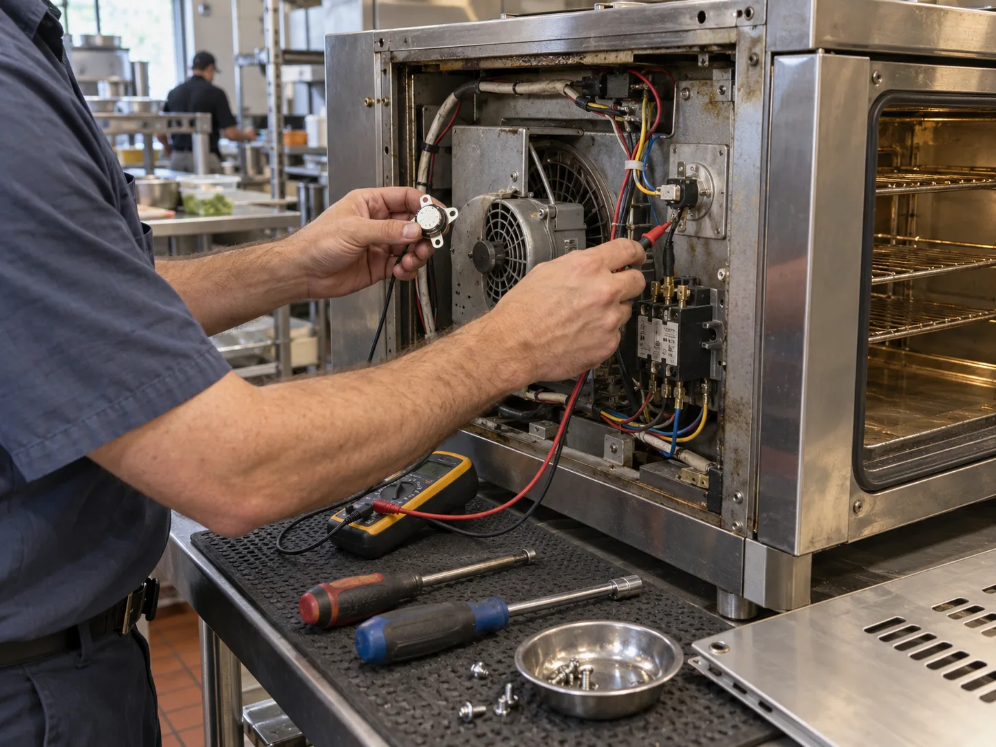 A technician tests components inside the open service compartment of a commercial convection oven.