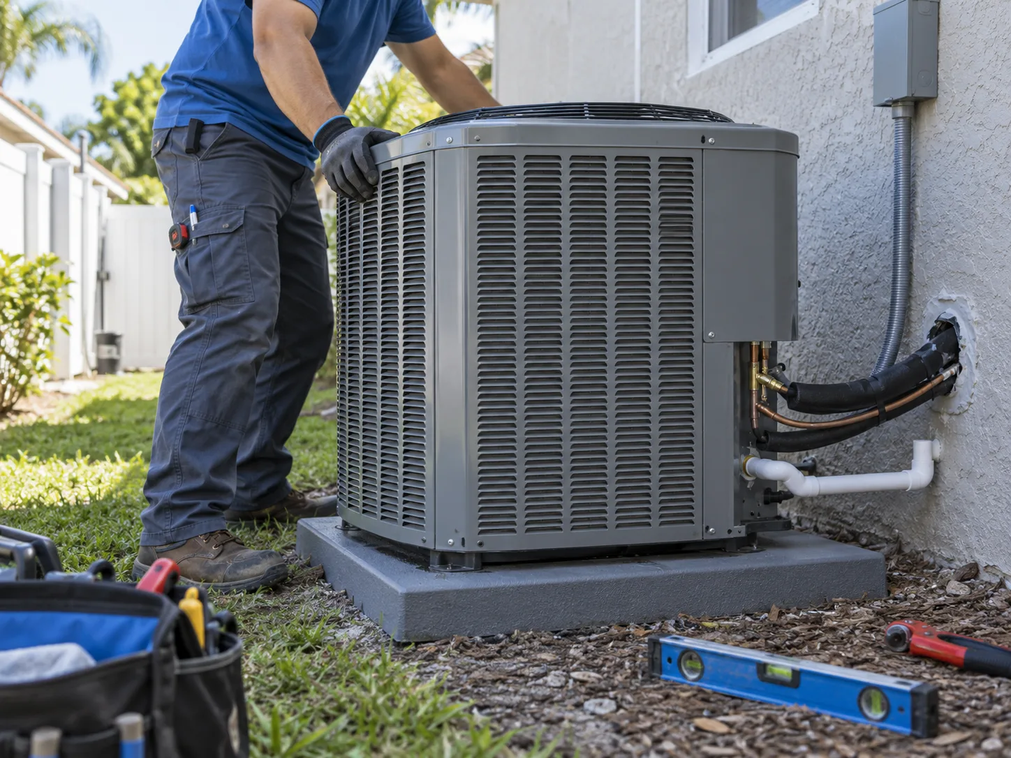 A technician positions a new outdoor AC condenser on its pad beside a stucco home.