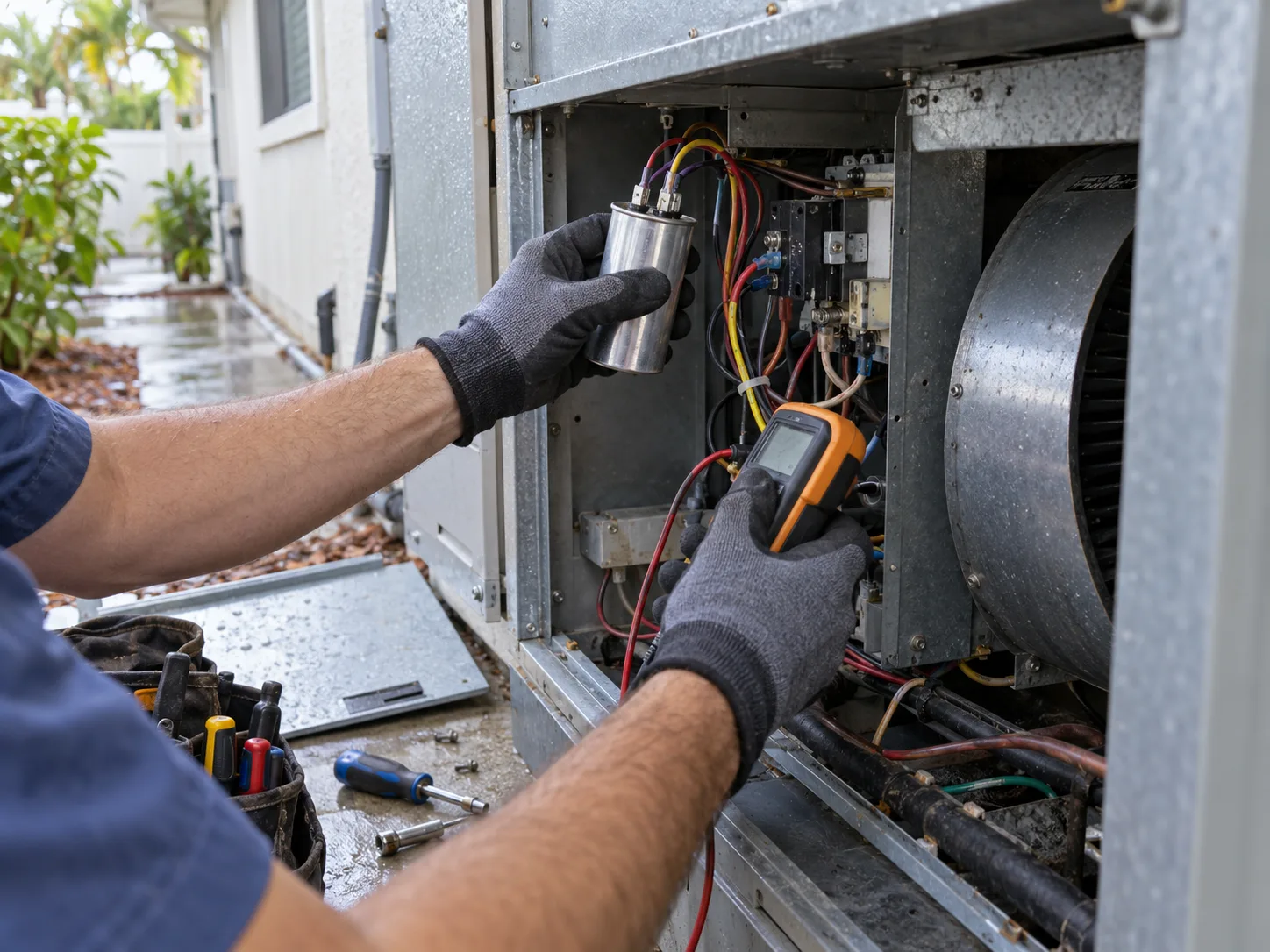 A technician tests wiring while holding a capacitor beside an open residential air-handler cabinet.