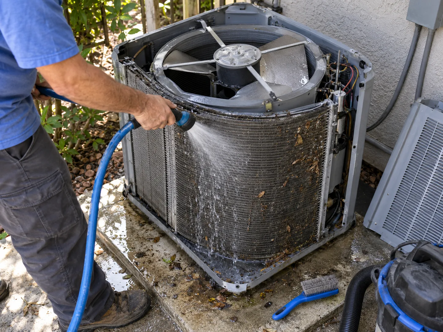 A technician rinses debris from the exposed coil of an outdoor AC condenser.