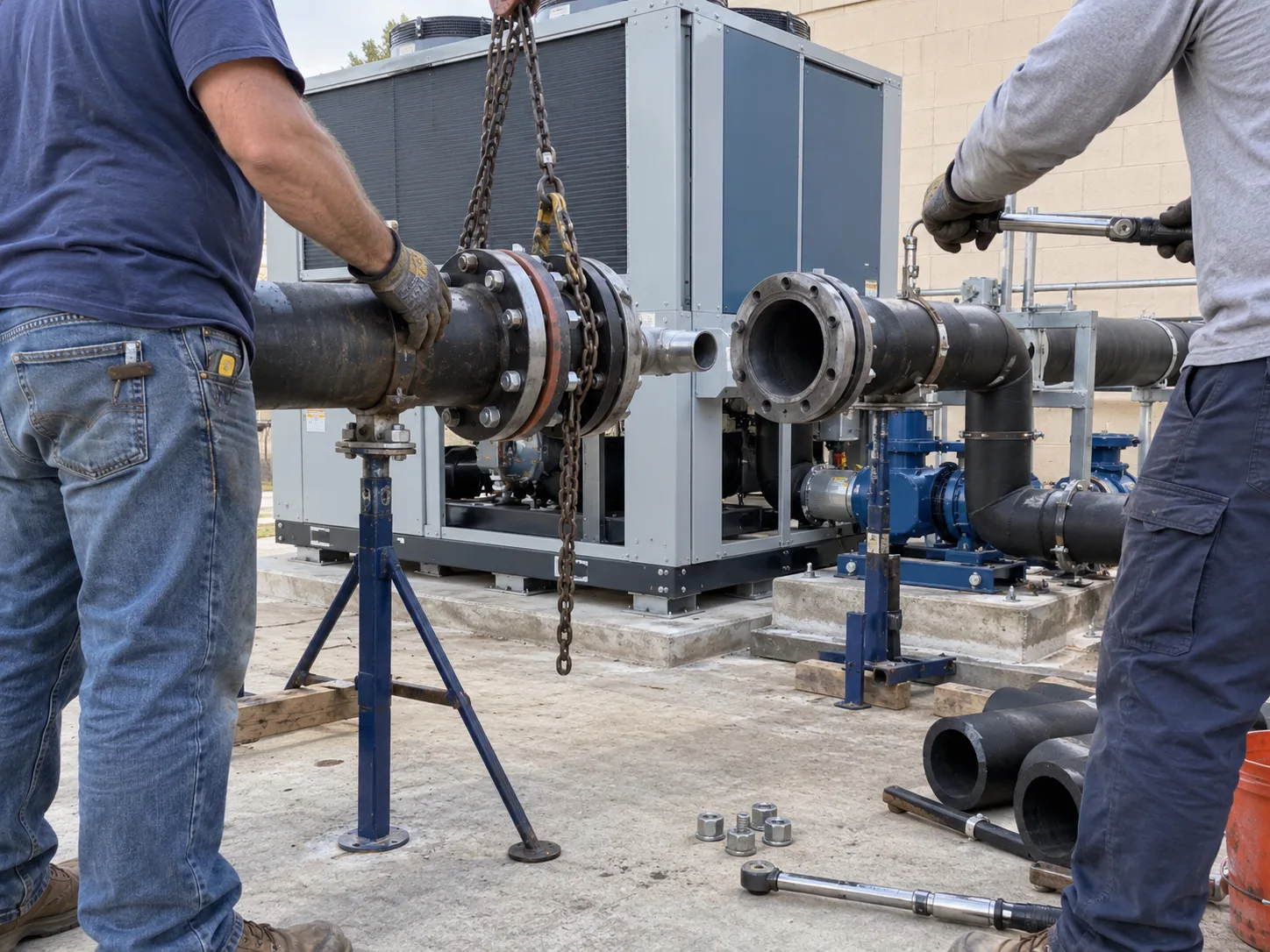 Two technicians align large hydronic pipes during an outdoor commercial chiller installation.