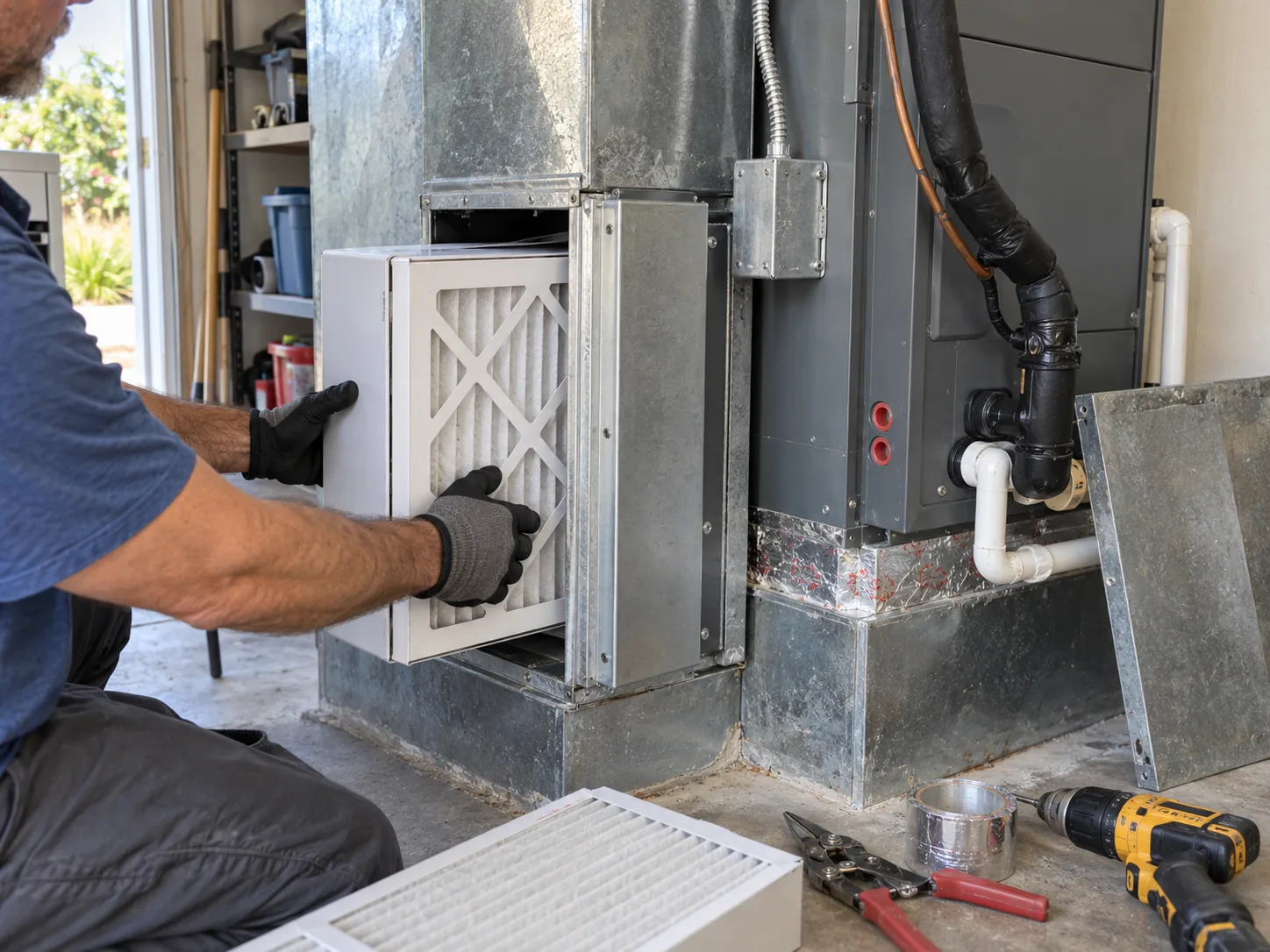 A technician inserts a whole-home air filter into a cabinet beside an air handler.