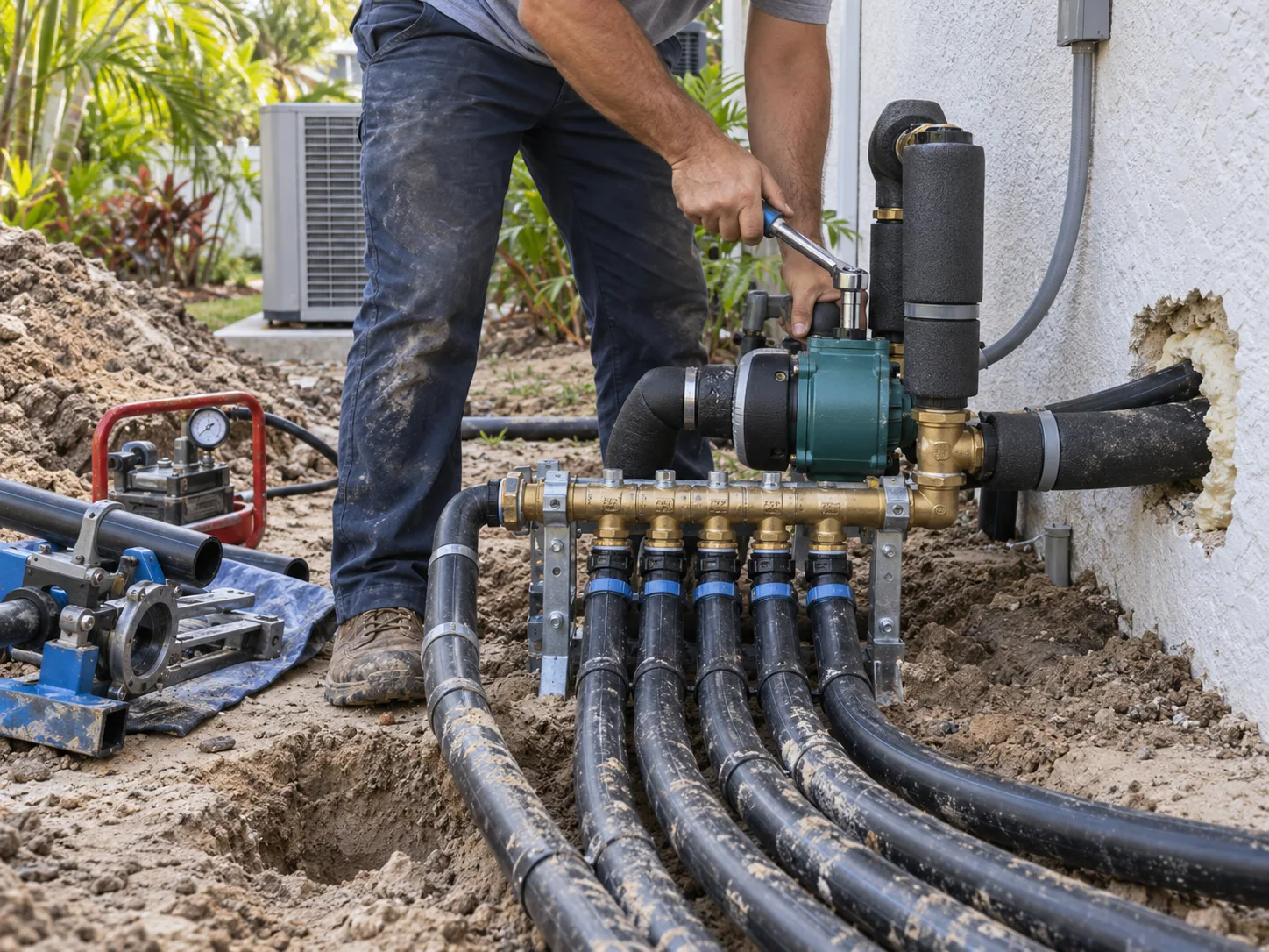 A technician tightens a geothermal ground-loop manifold beside an excavated Florida home.
